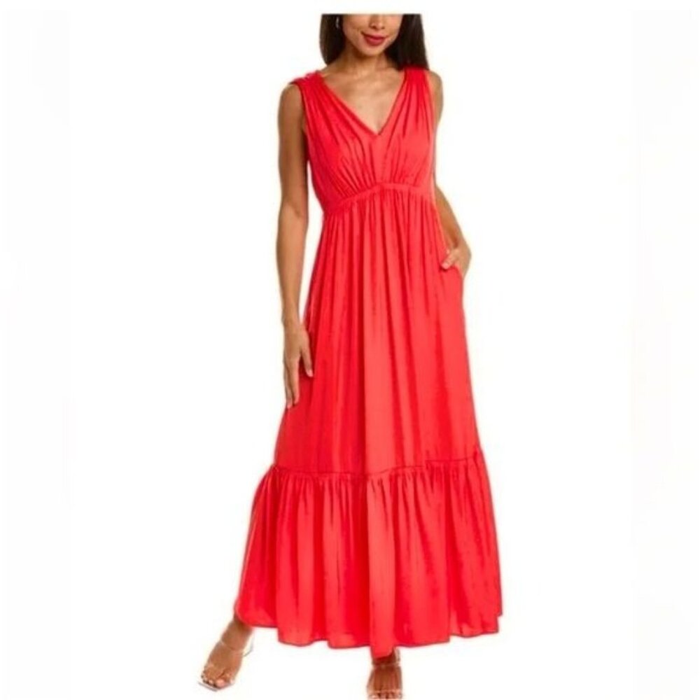 KOBI HALPERIN Almita Coral Flamingo Pink v neck Maxi Dress Large NEW